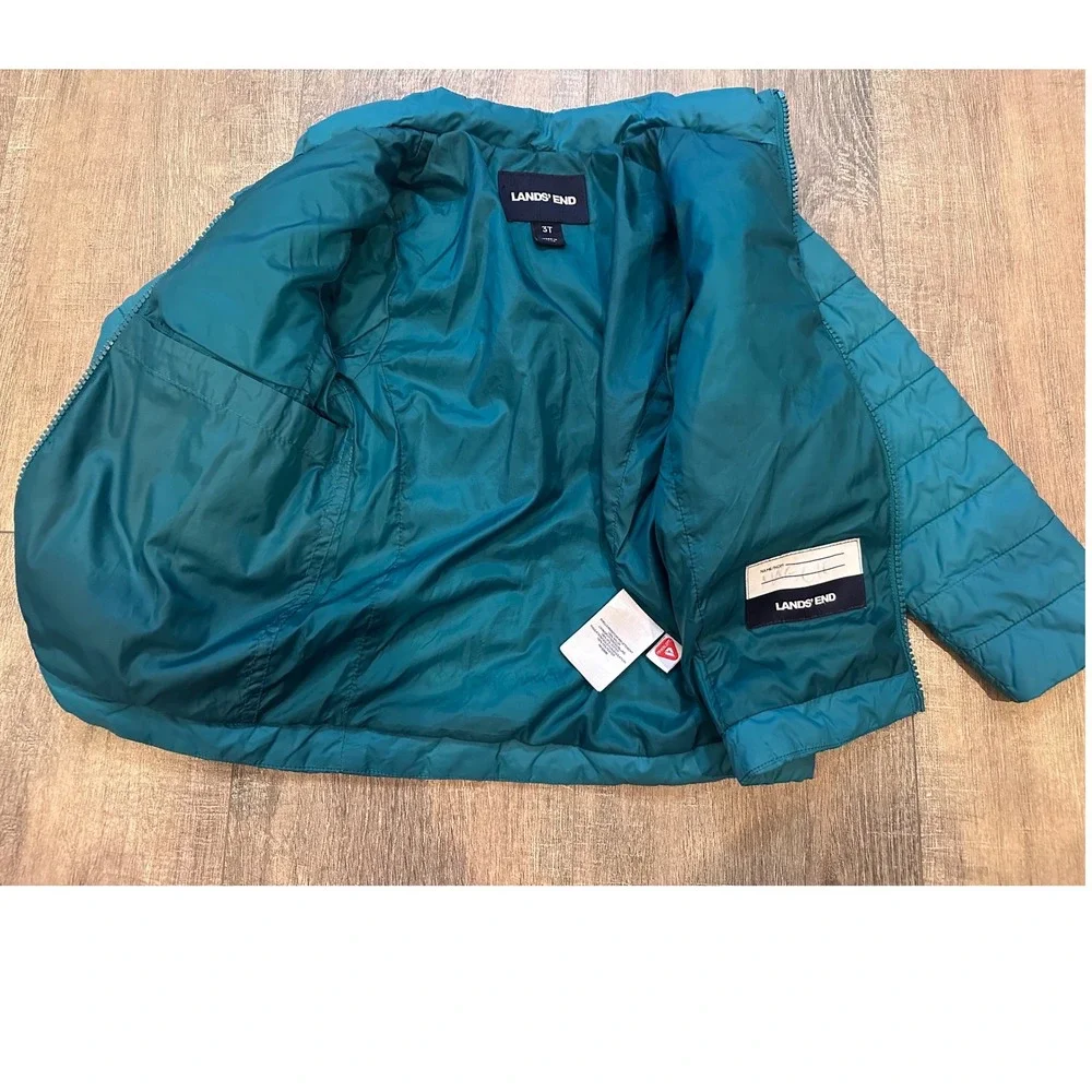 Lands End Kids Teal Green/Blue Quilted Puffer Jacket Full Zip Lightweight 3T - Picture 5 of 5